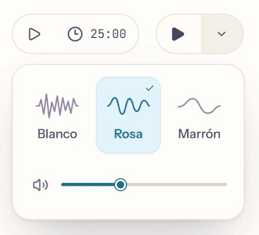 Temporizador de Apuntivo y selector de ruido blanco, rosa y marrón con control de volumen.
