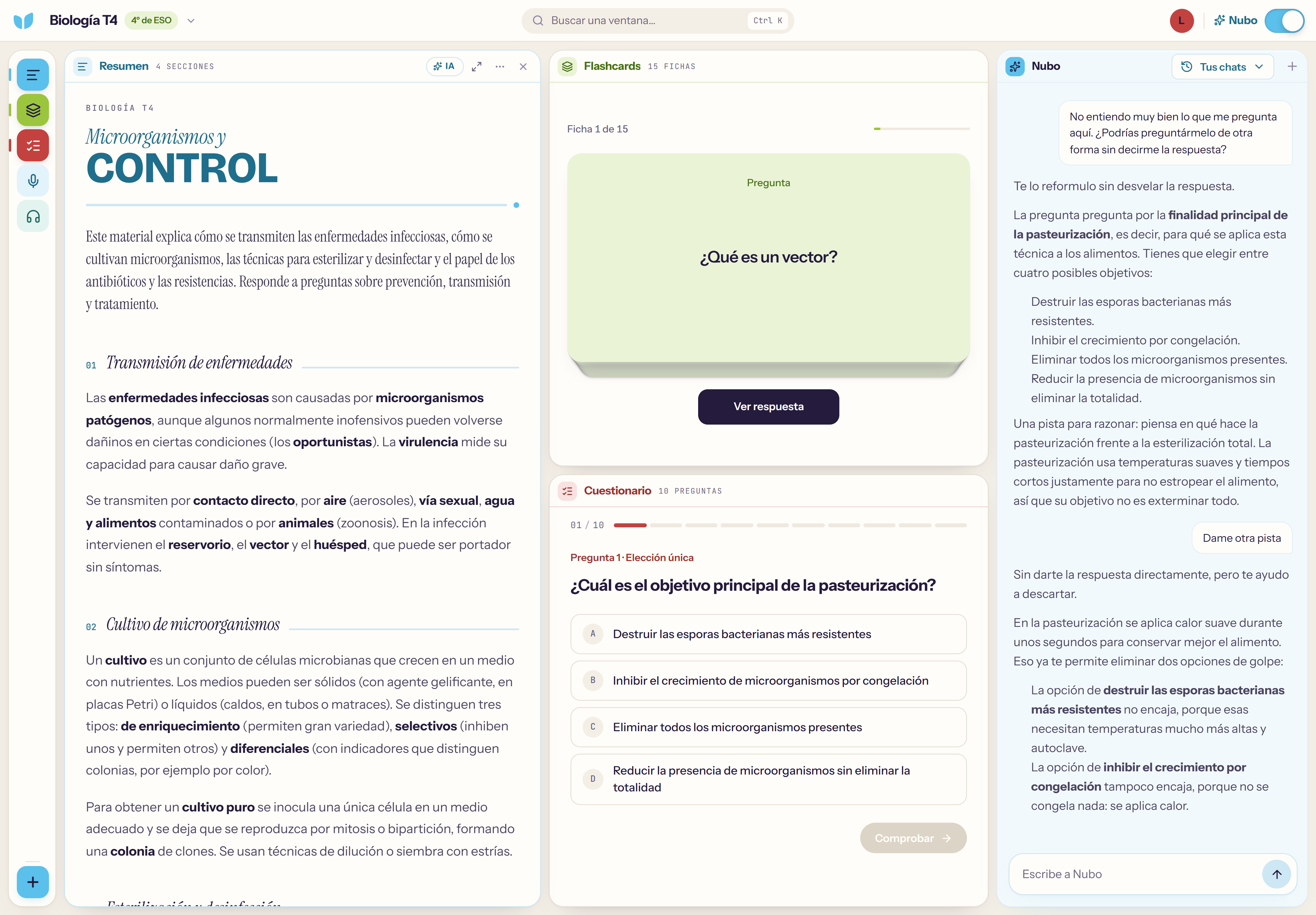 Biología: resumen azul, flashcards verdes, cuestionario rojo y Nubo abierto.