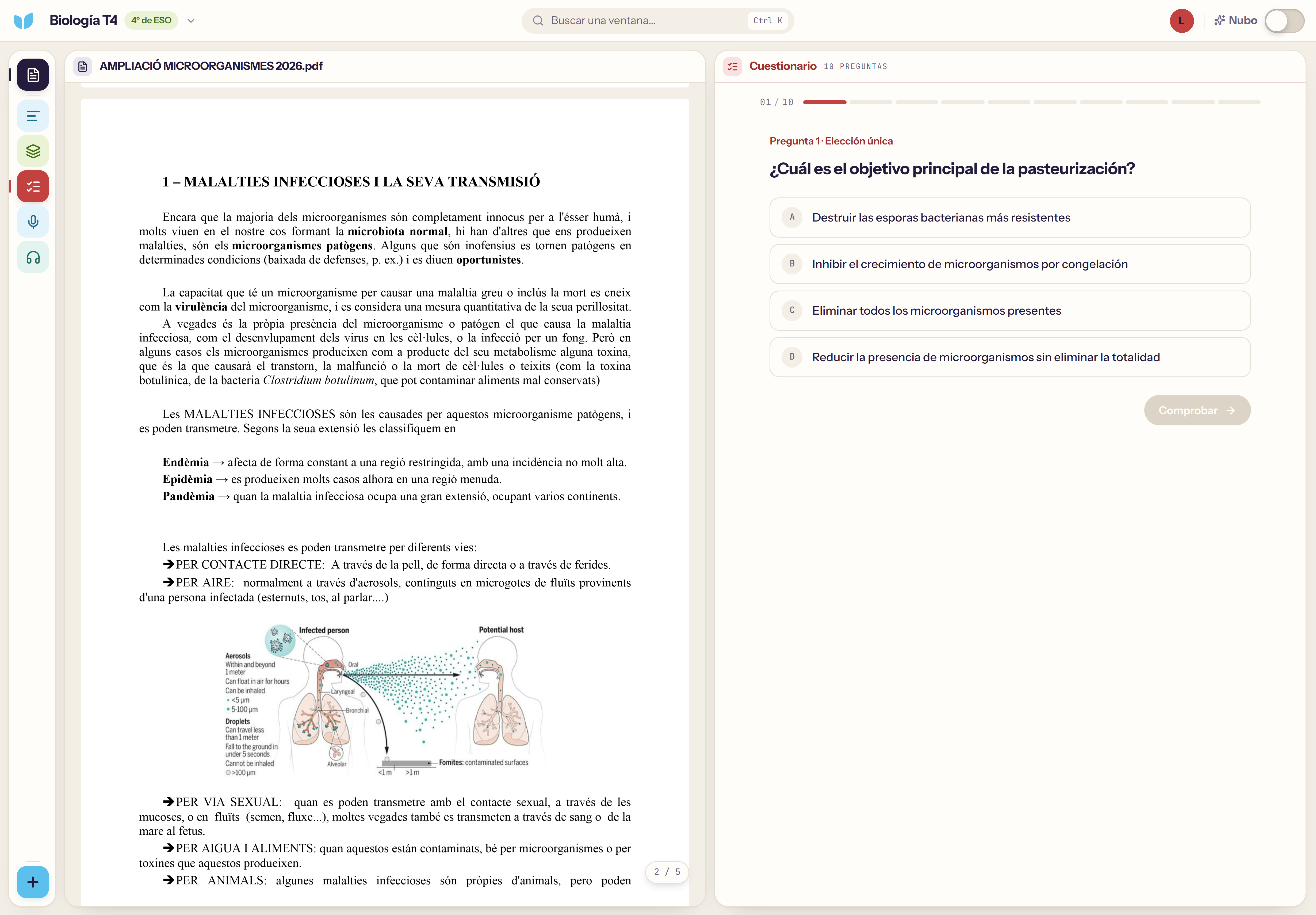 Página 2 del PDF Ampliació Microorganismes 2026, con la ilustración de transmisión por aerosoles, junto a un cuestionario.