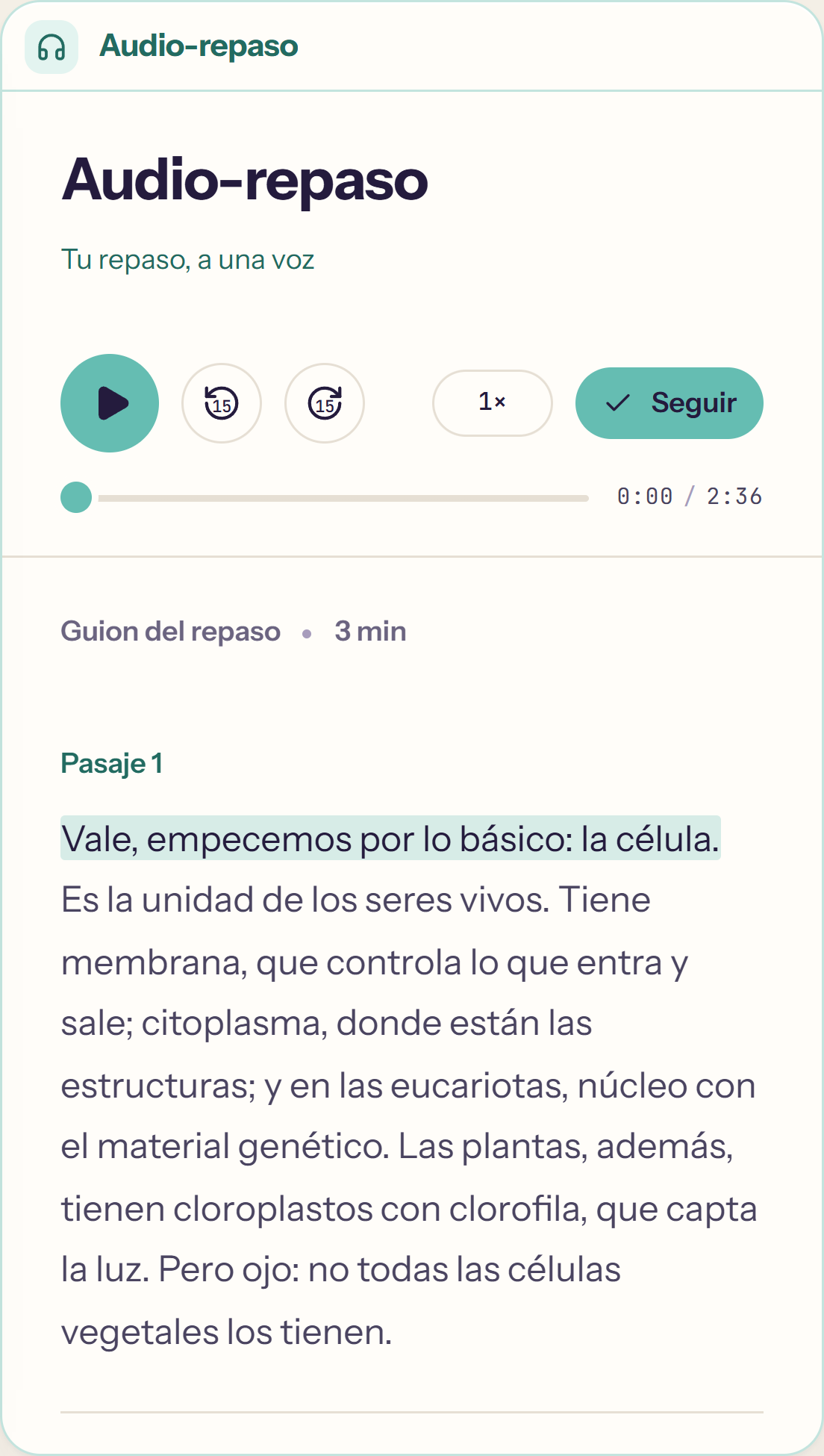 Reproductor de Audio-repaso de Apuntivo con transcripción y seguimiento de la lectura.